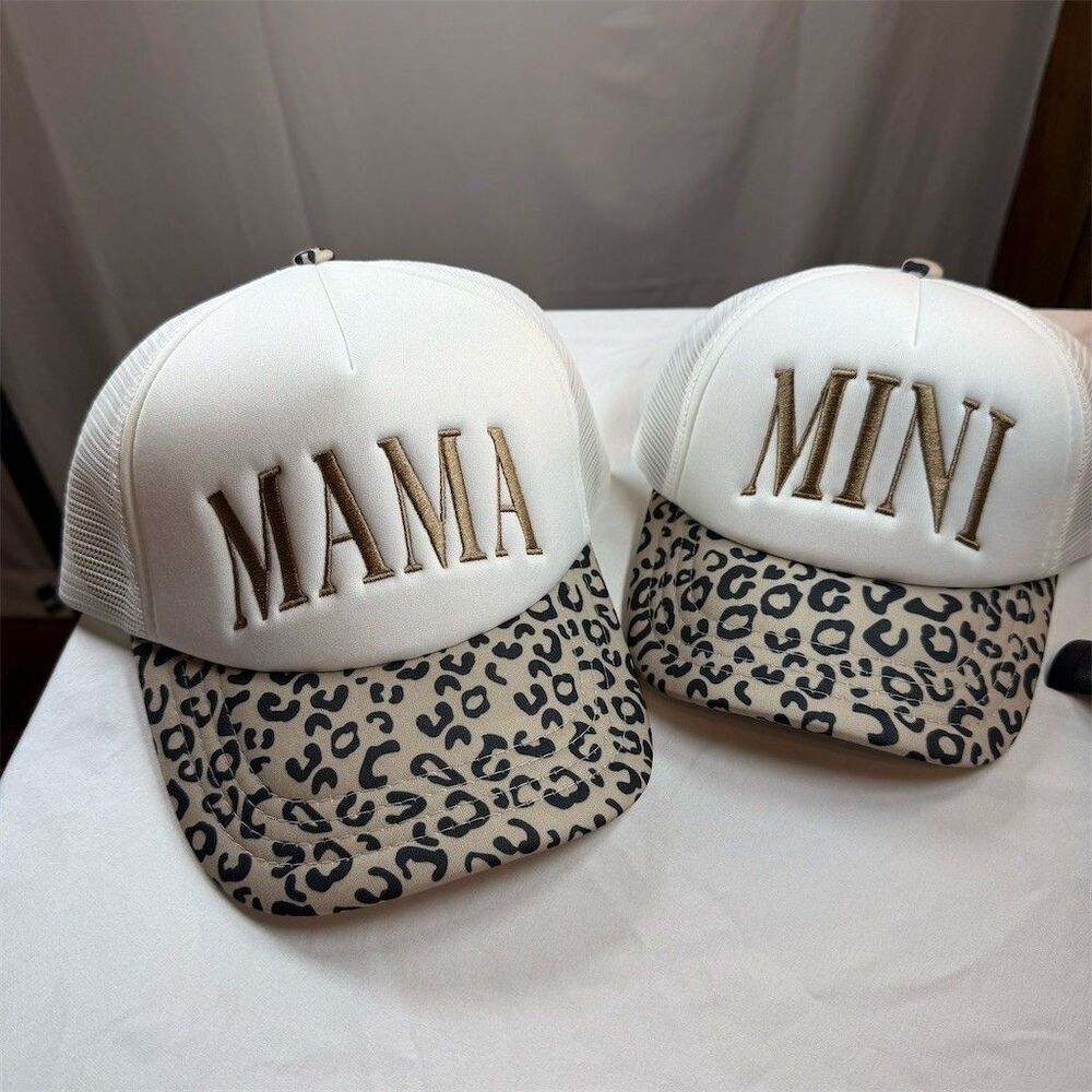 MAMA & MINI Matching Trucker Hats Set Womens One Size White Leopard 2pc